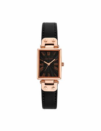 Anne Klein Case Leren Riemen Watch Rechthoekig Zwart Roze Goud | DNLVO63232