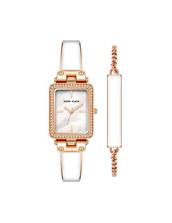 Anne Klein Case Watch and Bracelet Set Rechthoekig Wit Roze Goud | NLDFL15151