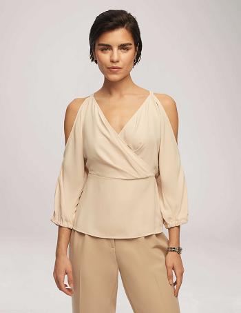 Anne Klein Cold Shoulder Crossover Peplum Blouse Topjes Beige | NLIIZ81824