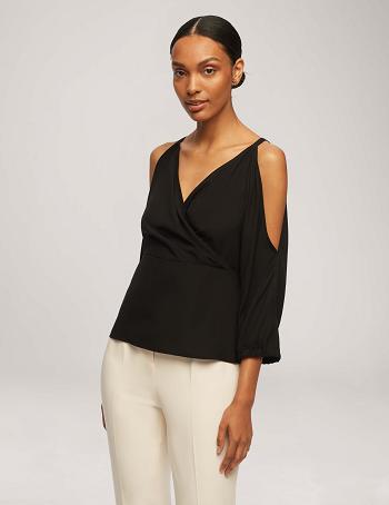 Anne Klein Cold Shoulder Crossover Peplum Blouse Topjes Zwart | NLJKU87563