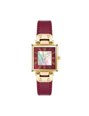 Anne Klein Considered Solar Square Leren Riemen Watch Rechthoekig Goud Bordeaux | BNLSO50497