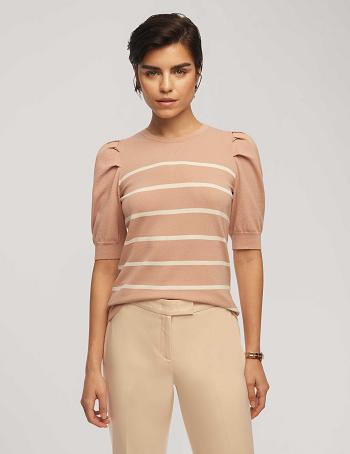 Anne Klein Kort Puff Sleeve Crew Neck With Stripes Topjes Roze Wit | MNLFT62435