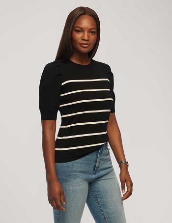 Anne Klein Kort Puff Sleeve Crew Neck With Stripes Topjes Zwart Wit | NLXBR86851