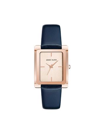 Anne Klein Leren Riemen Watch Rechthoekig Donkerblauw Roze Goud | NLCVG72066