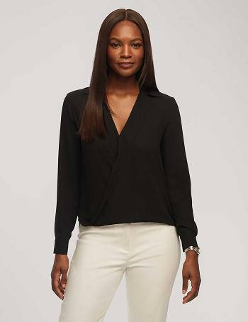 Anne Klein Long Sleeve Crossover Blouse With Collar Topjes Zwart | NLZDE38277