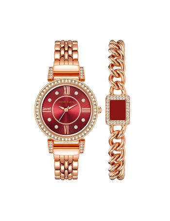 Anne Klein Premium Crystal Watch and Bracelet Sets Bordeaux Roze Goud | PNLER18745