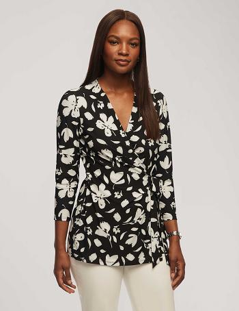 Anne Klein Printed 3/4 Sleeve Wrap Top Topjes Zwart Wit | FNLUI25484