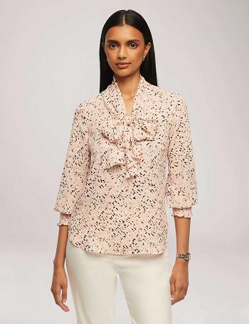 Anne Klein Printed Smocked Cuff Bow Blouse Topjes Roze Gekleurd | NLIIZ51184