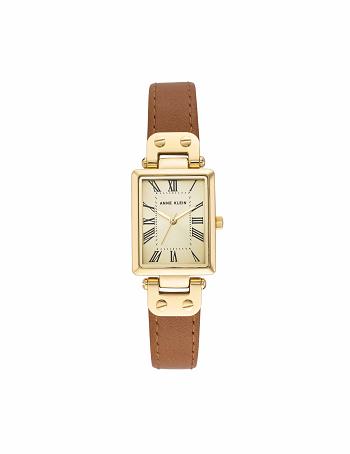 Anne Klein Rectangular Case Riemen Watch Leer Bruin Goud | NLICD98382