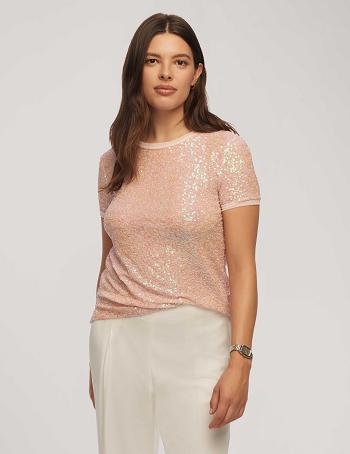 Anne Klein Sequin Mesh W/ Triple Mesh Kort Sleeve Banded Tee Topjes Roze Gekleurd | NLZDE48327