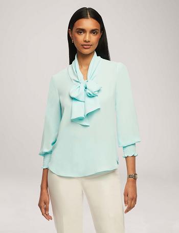 Anne Klein Smocked Cuff Bow Blouse Topjes Blauw | TNLWZ64926