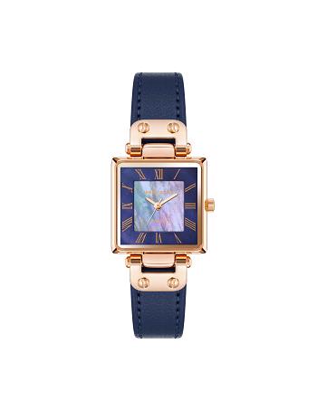 Anne Klein Solar Square Leren Riemen Watch Beschouwd Donkerblauw Roze Goud | QNLWA12018