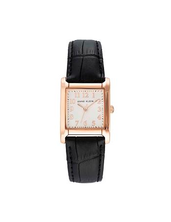 Anne Klein Square Case Riemen Watch Leer Zwart Roze Goud | QNLWA93297