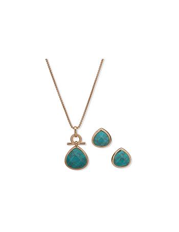 Anne Klein Tear Drop Pendant Necklace and Earring in Pouch Sieraden sets Goud Blauw | GNLEC46712