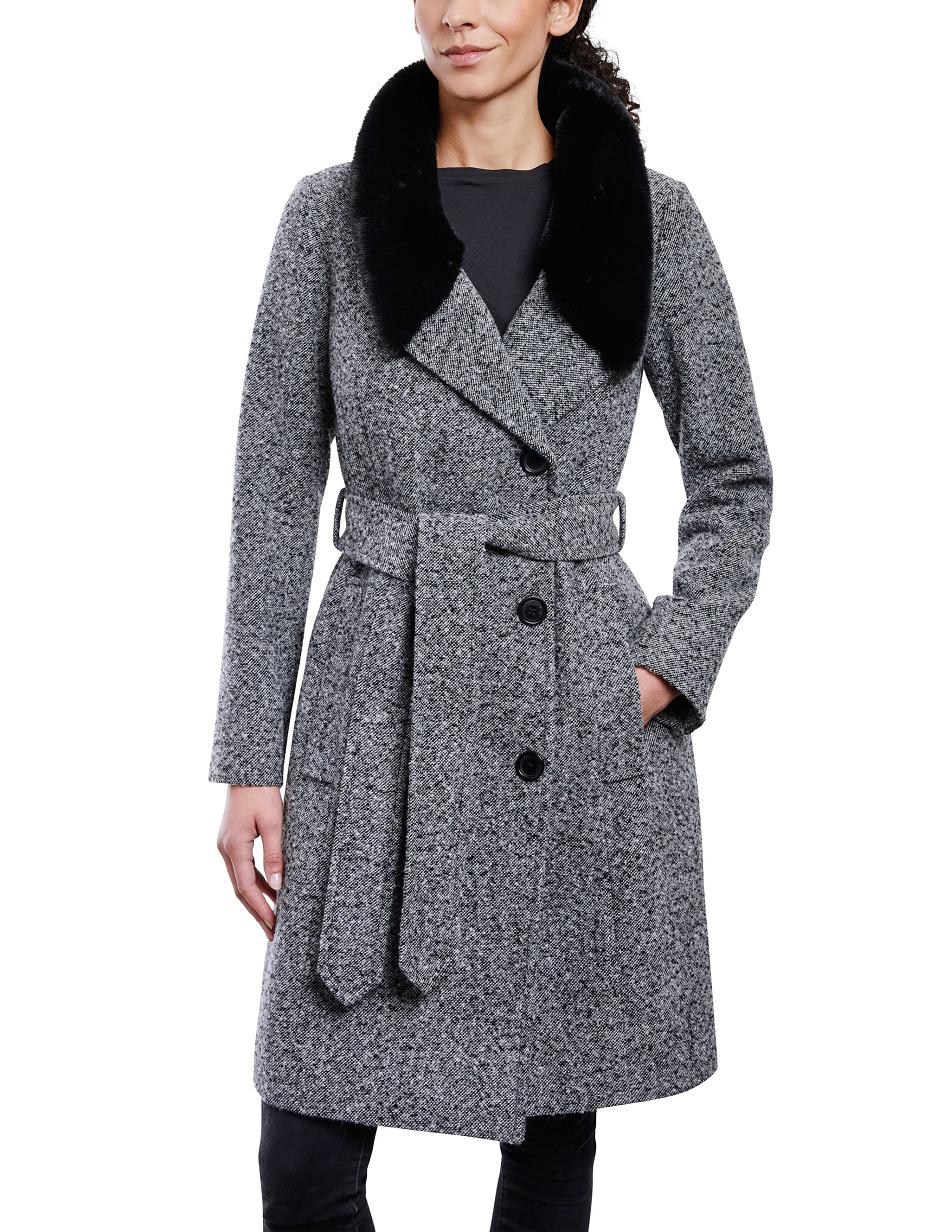 Anne Klein Belted Wrap Wol Coat With Fur Collar Bovenkleding Zwart Wit | NLIIZ85332