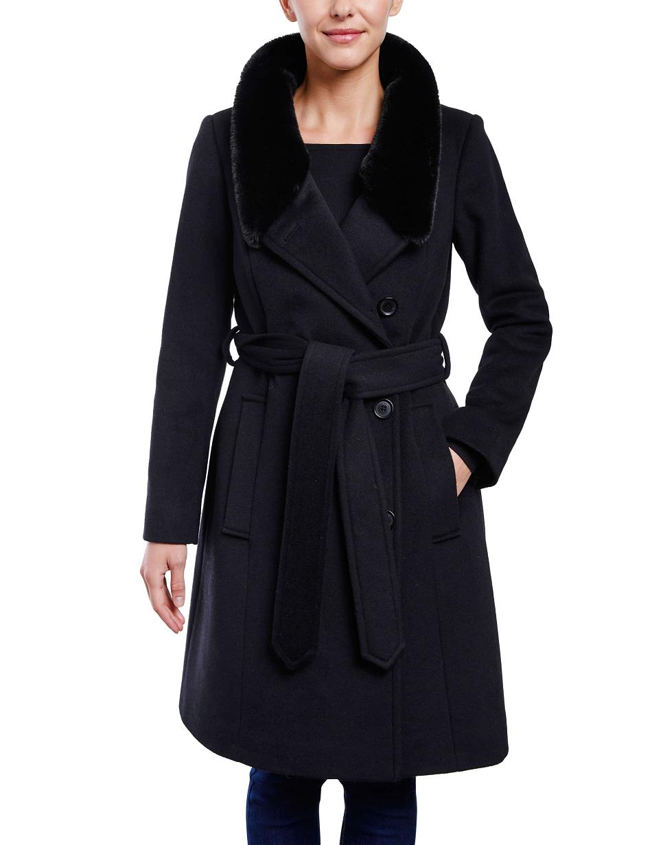 Anne Klein Belted Wrap Wol Coat With Fur Collar Bovenkleding Zwart | ZNLMJ92227