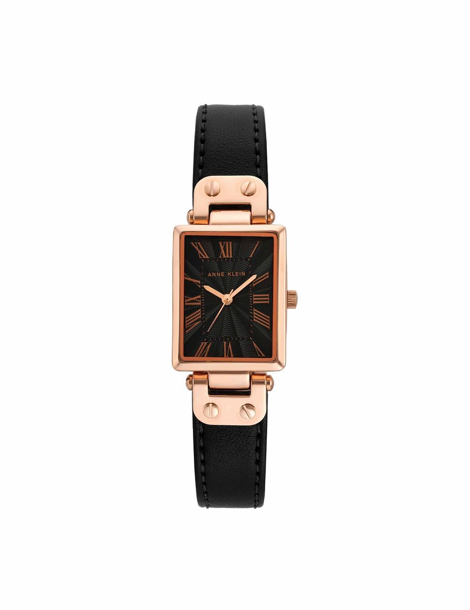 Anne Klein Case Leren Riemen Watch Rechthoekig Zwart Roze Goud | DNLVO63232