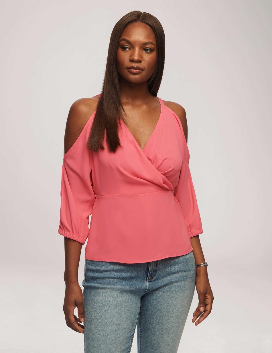 Anne Klein Cold Shoulder Crossover Peplum Blouse Topjes Roze | NLJBT14700