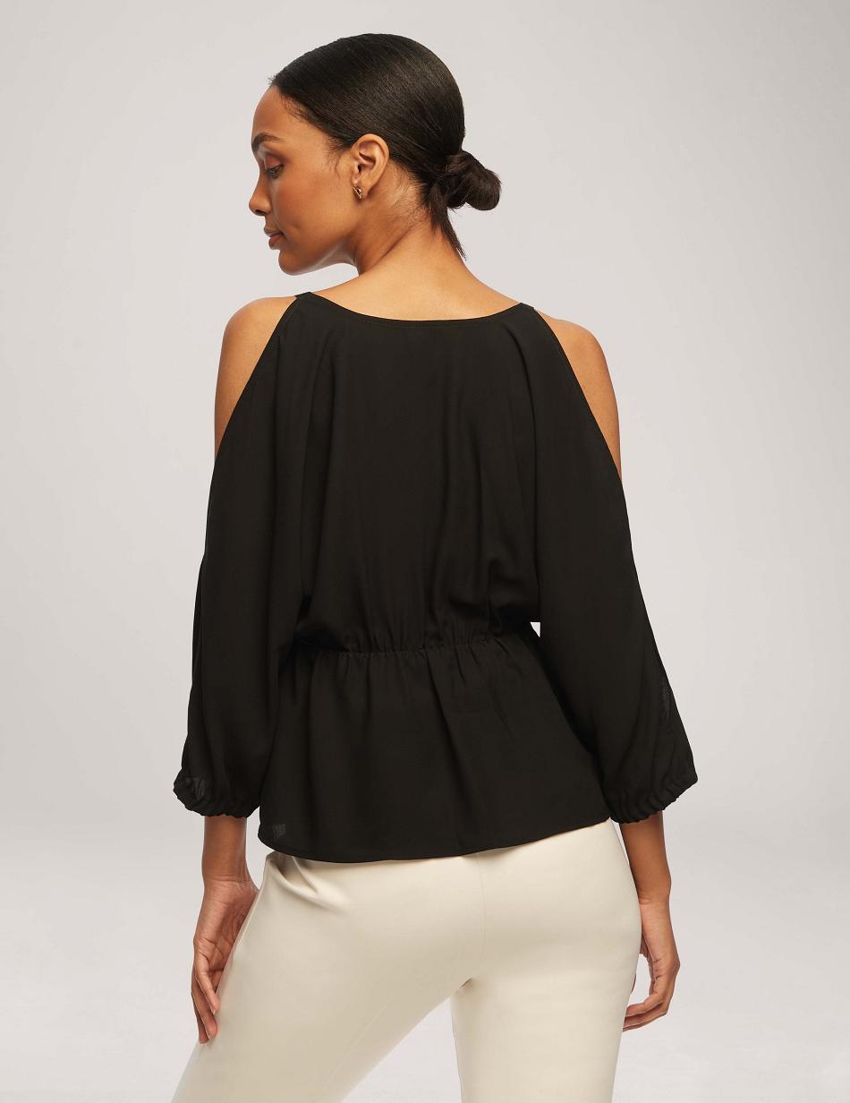 Anne Klein Cold Shoulder Crossover Peplum Blouse Topjes Zwart | NLJKU87563