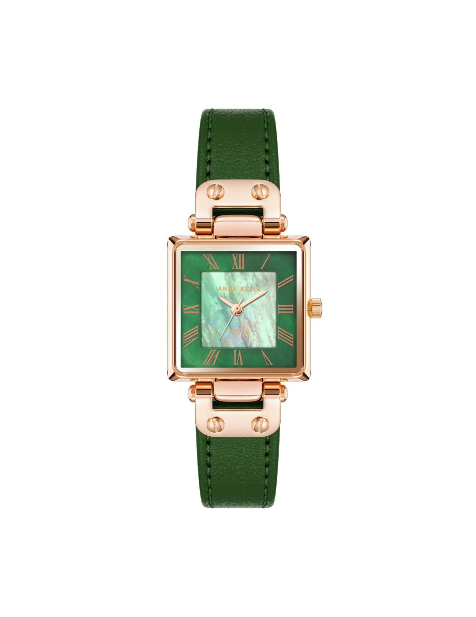 Anne Klein Considered Solar Square Leren Riemen Watch Rechthoekig Groen Roze Goud | ANLWC68564