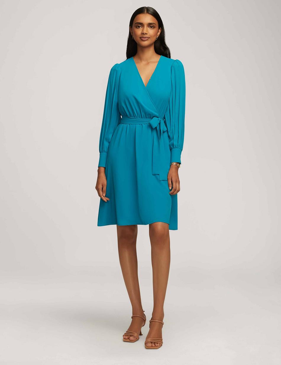 Anne Klein Geplooid Sleeve Jurken Turquoise | NLIIZ97046