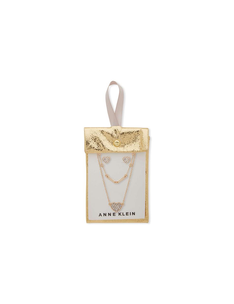 Anne Klein Heart Pendant Necklace and Earring Pouch Set Doorboorde oorbellen Goud | XNLBH95885