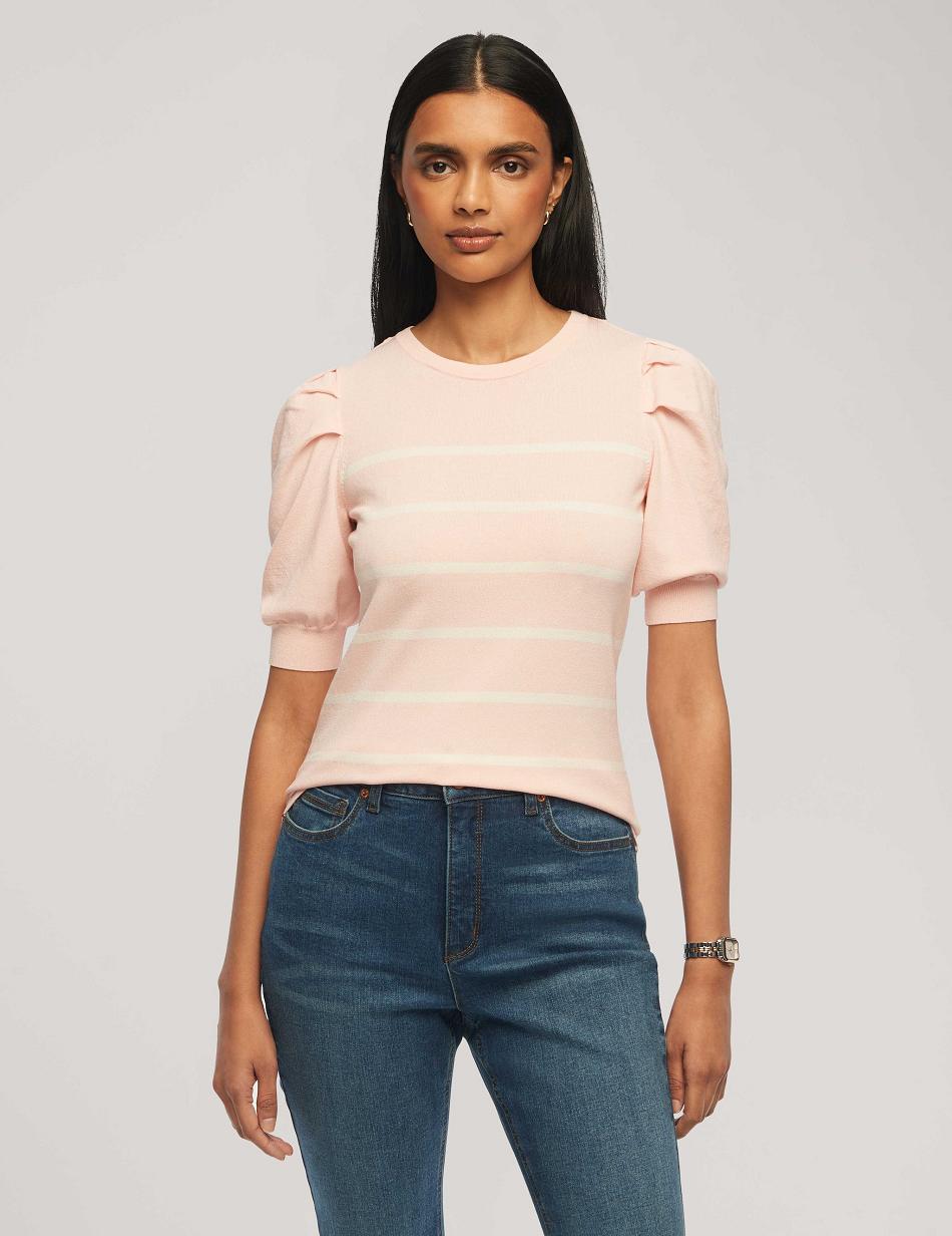 Anne Klein Kort Puff Sleeve Crew Neck With Stripes Topjes Roze Wit | ENLHC48461