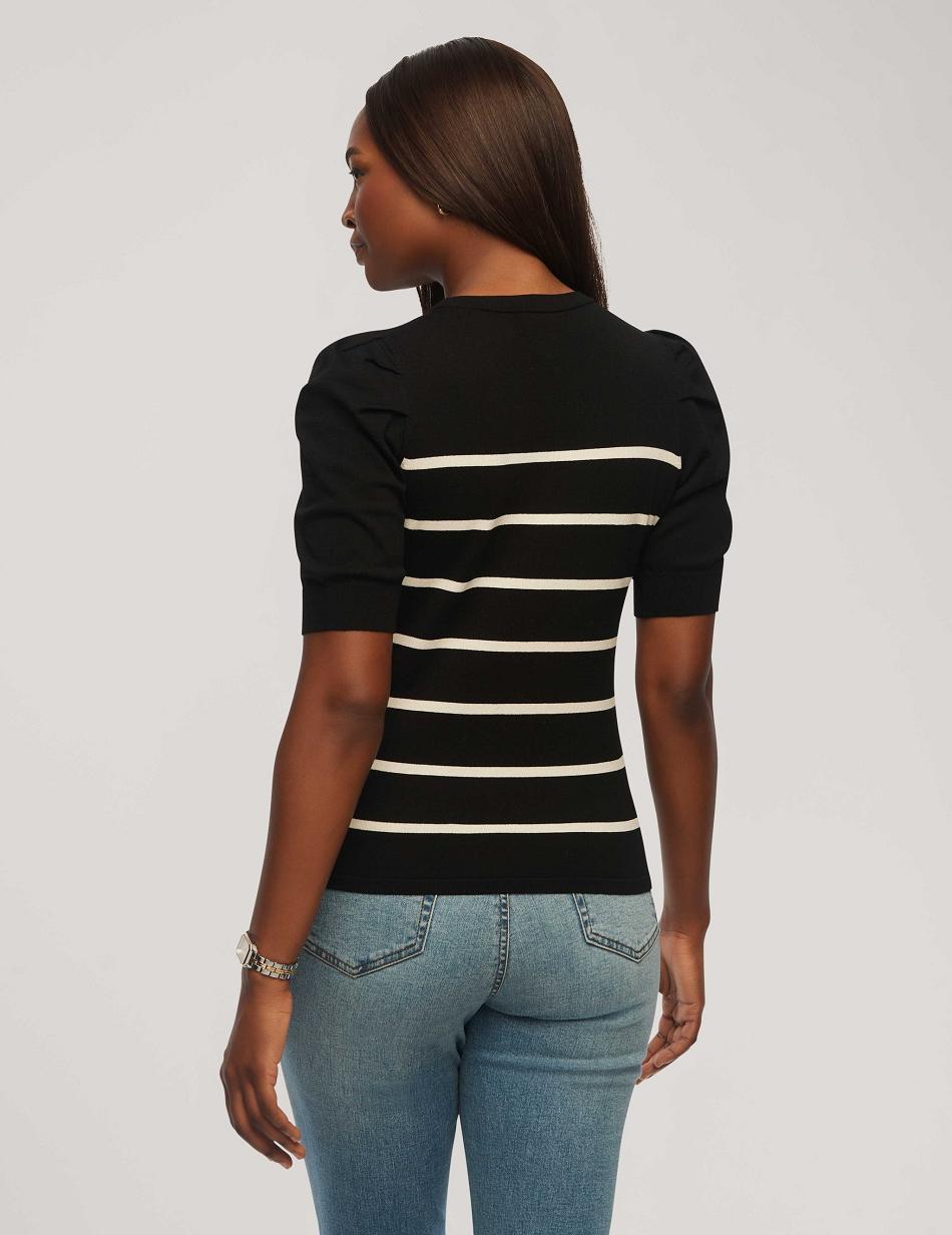 Anne Klein Kort Puff Sleeve Crew Neck With Stripes Topjes Zwart Wit | NLXBR86851