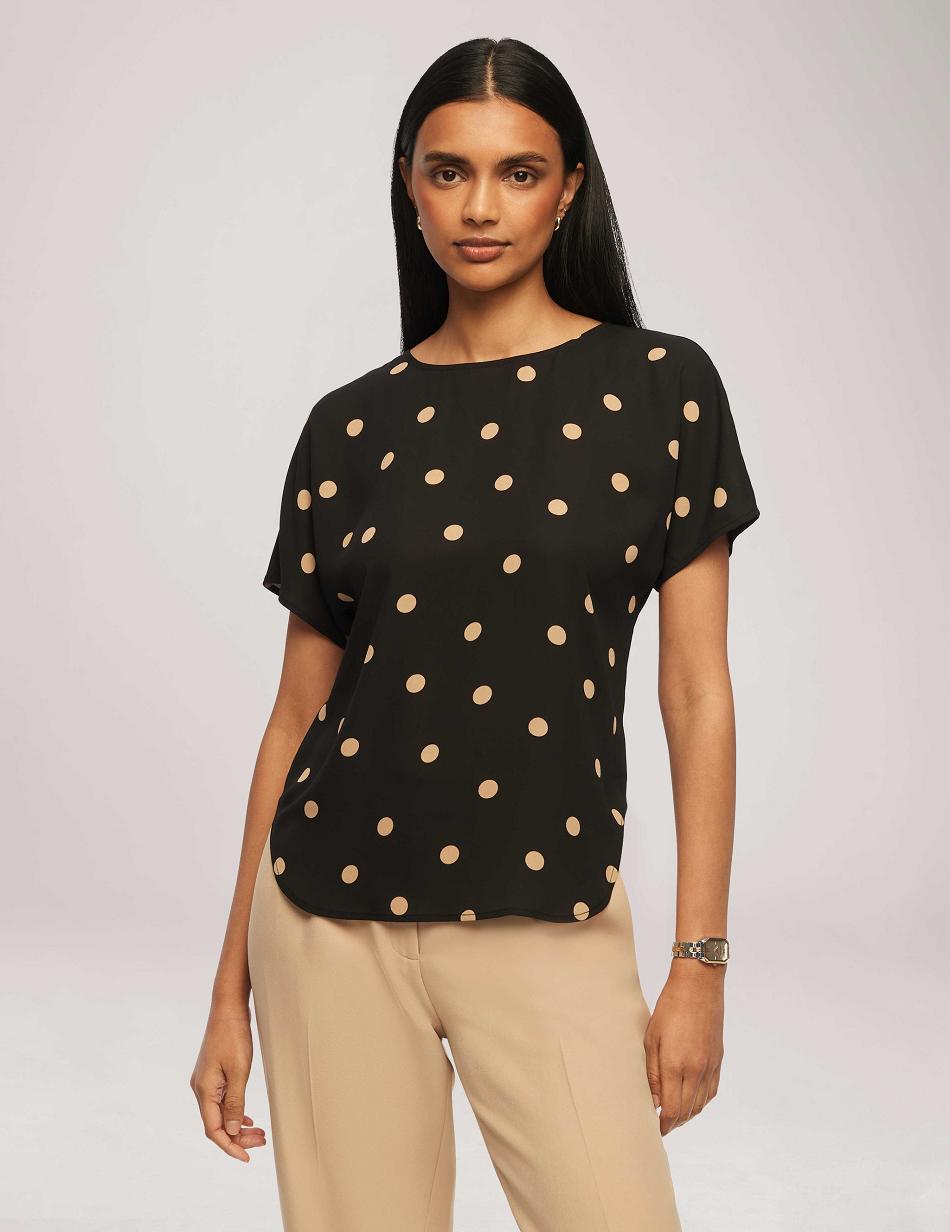 Anne Klein Large Dot Bateau Neck Kort Sleeve Blouse Topjes Zwart | QNLUV71934