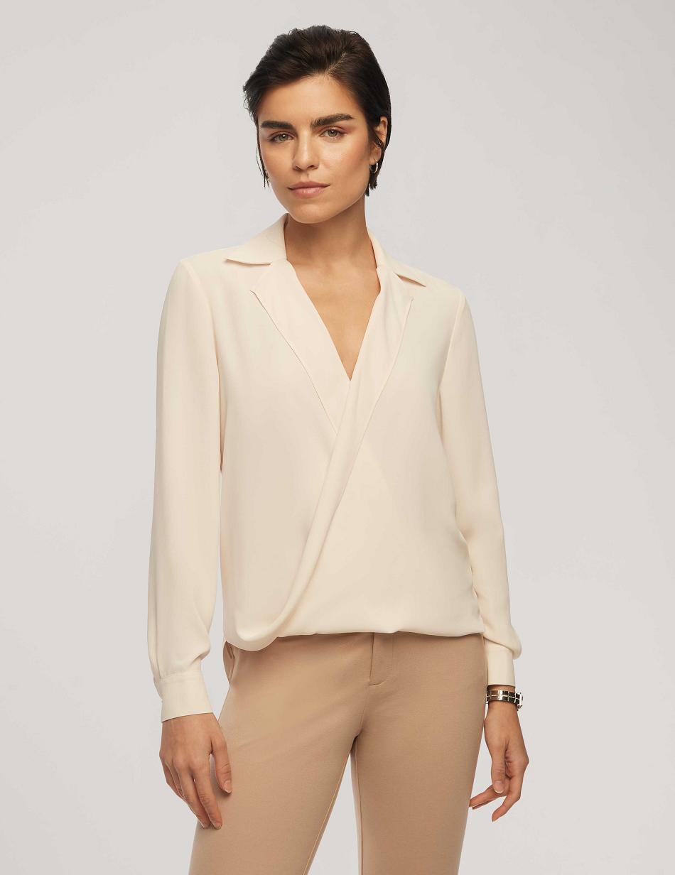 Anne Klein Long Sleeve Crossover Blouse With Collar Topjes Wit | ENLHC11797