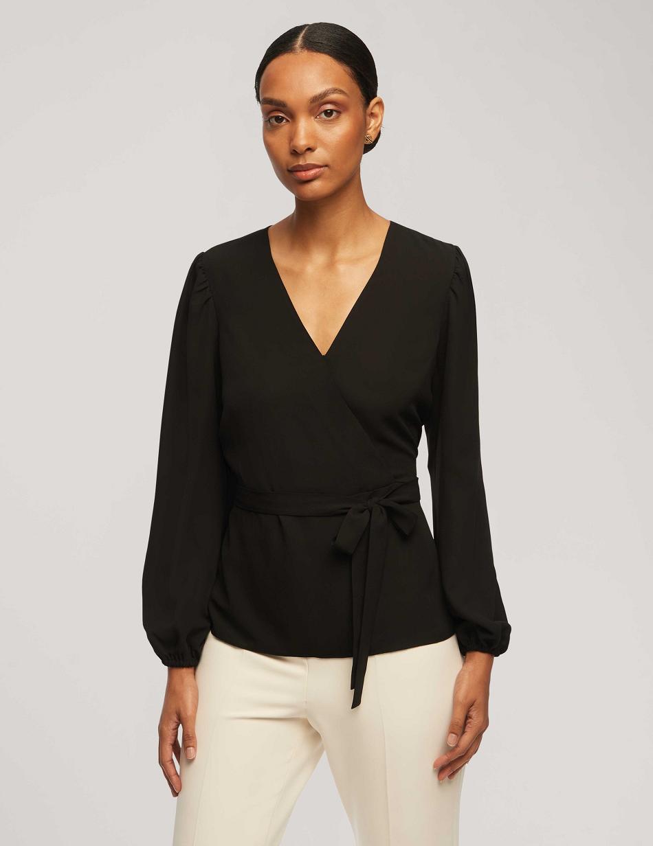 Anne Klein Long Sleeve Crossover Blouse Topjes Zwart | LNLTR96822