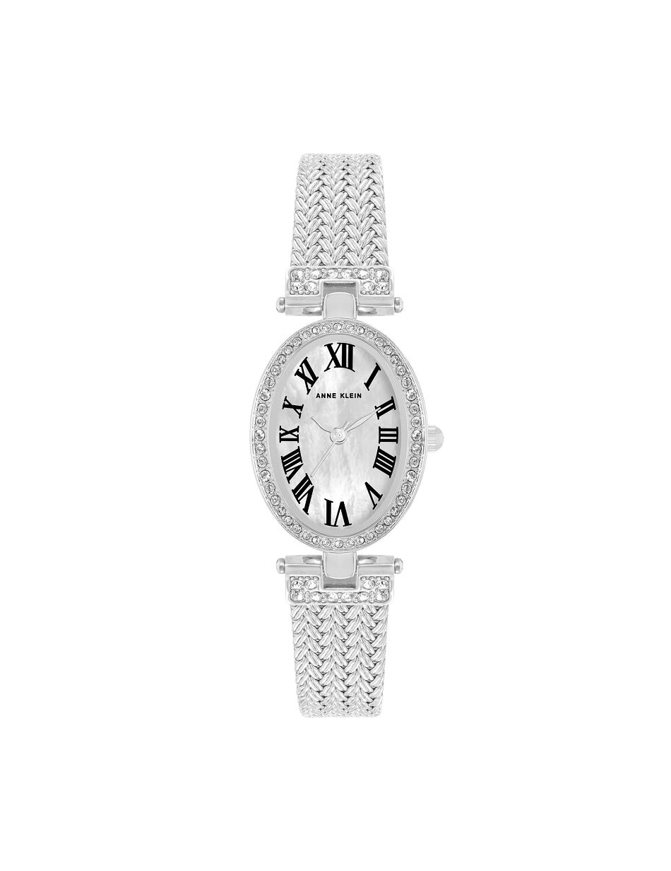 Anne Klein Oval Crystal Accented Mesh Bracelet Watch Metalen Zilver | NLXBR83275