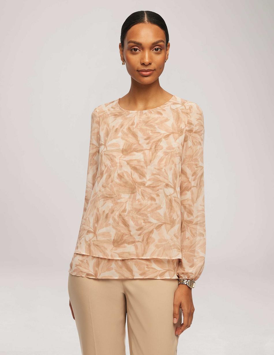 Anne Klein Printed Long Sleeve Double Layer Blouse Topjes Gekleurd | NLZDE14210