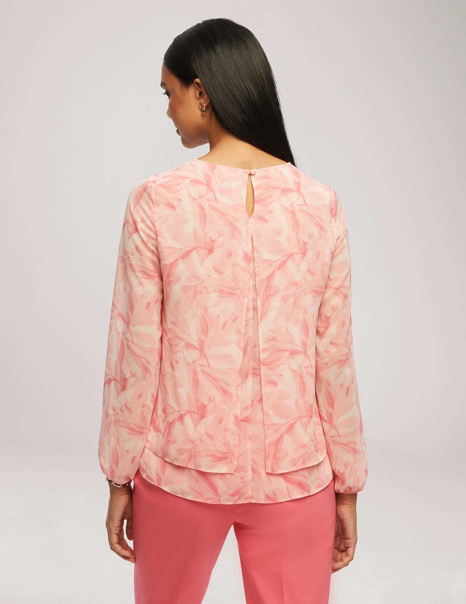 Anne Klein Printed Long Sleeve Double Layer Blouse Topjes Roze Gekleurd | YNLGT92902