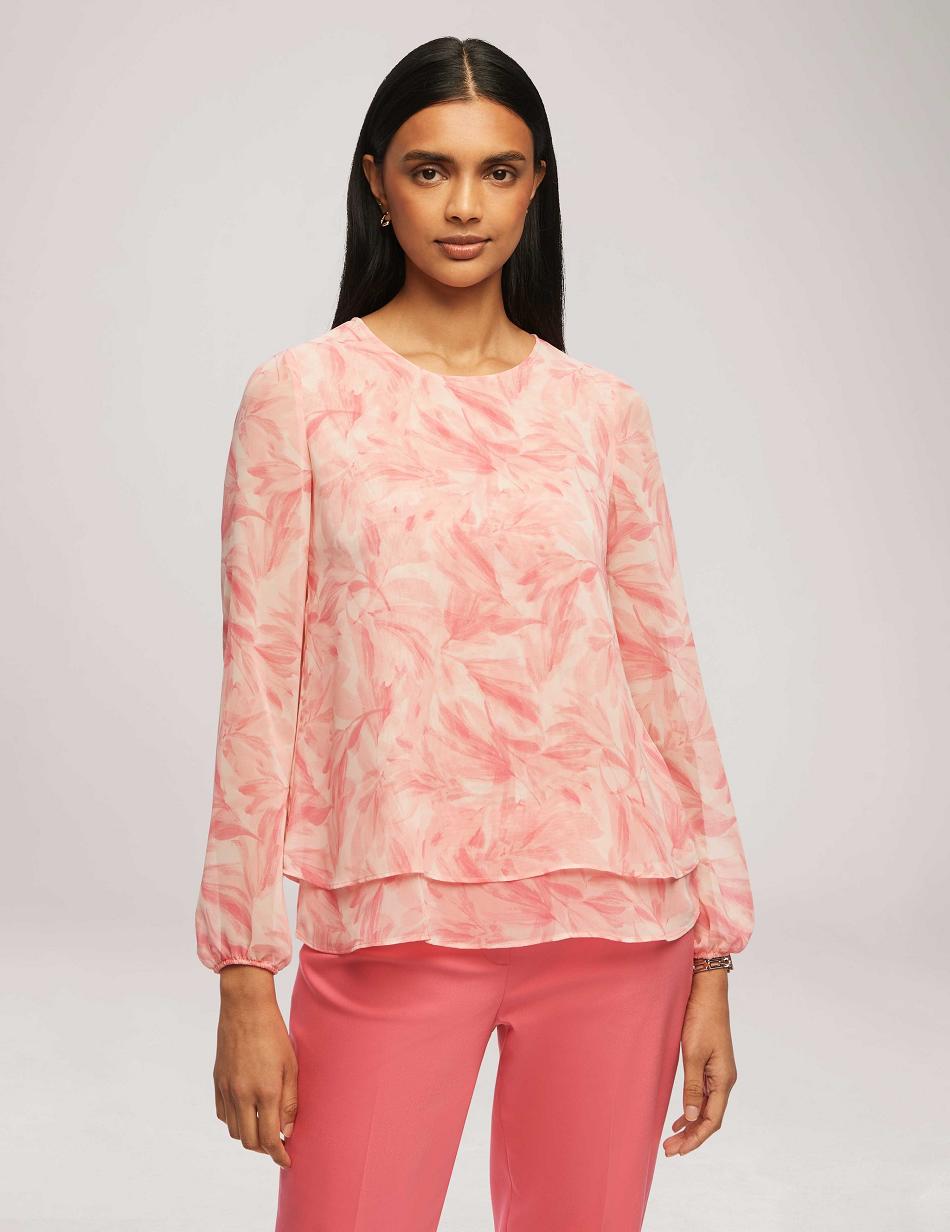 Anne Klein Printed Long Sleeve Double Layer Blouse Topjes Roze Gekleurd | YNLGT92902