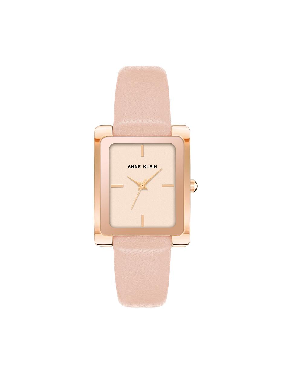 Anne Klein Rectangular Case Band Watch Leer Roze | DNLVO64133