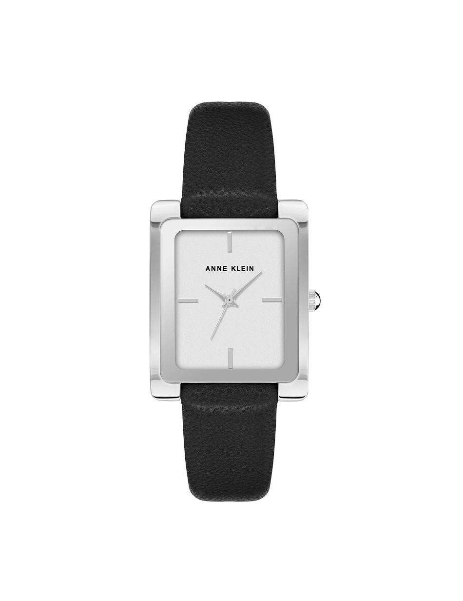 Anne Klein Rectangular Case Band Watch Leer Zwart Zilver | UNLTG13797