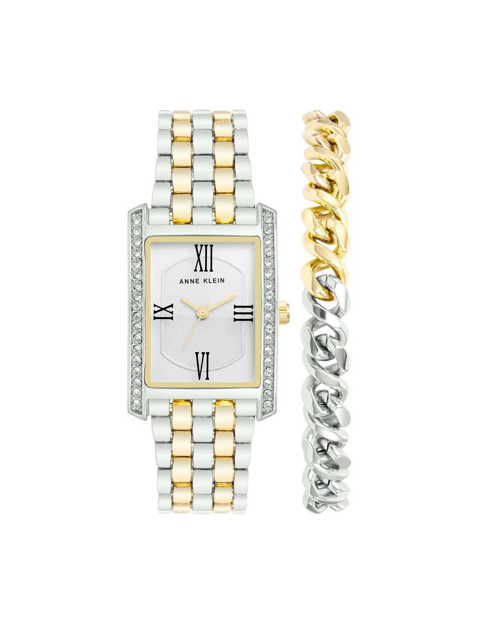 Anne Klein Rectangular Crystal Accented Watch Set with Chain Bracelet Metalen Zilver Goud | XNLBH23960