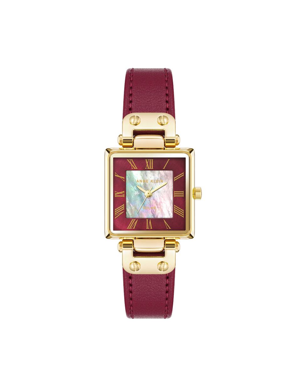 Anne Klein Solar Square Leren Riemen Watch Beschouwd Goud Bordeaux | UNLND65029