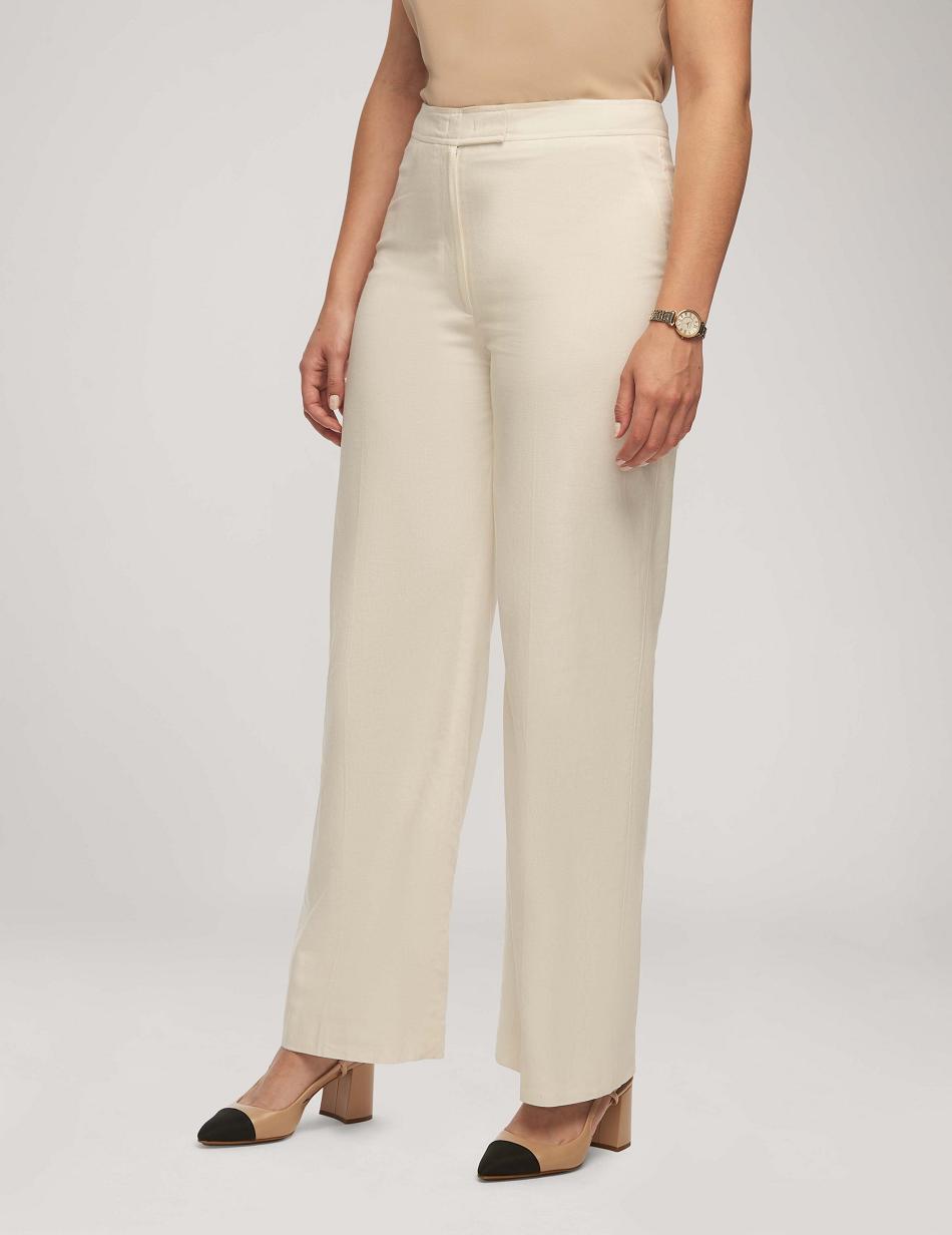 Anne Klein Solid Linen Fly Front Brede Leg Trouser Broek Wit | NLDYB28691