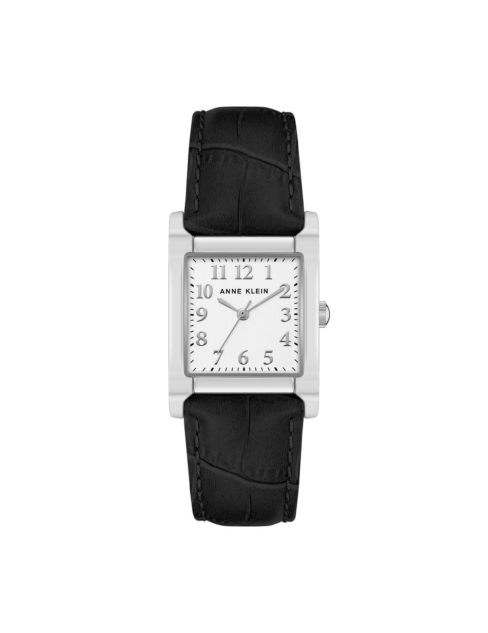 Anne Klein Square Case Leren Riemen Watch Metalen Zwart Zilver | NLQAV25898