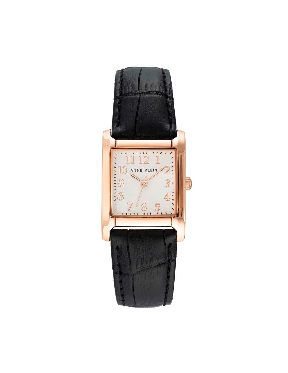 Anne Klein Square Case Riemen Watch Leer Zwart Roze Goud | QNLWA93297