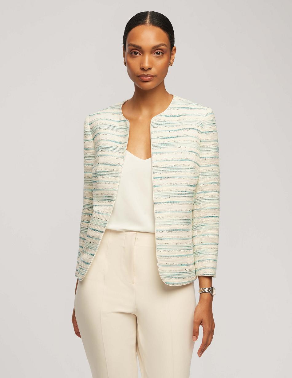 Anne Klein Stripe Tweed Piped Cardigan Blazer Strepen Blauw | LNLSX39055