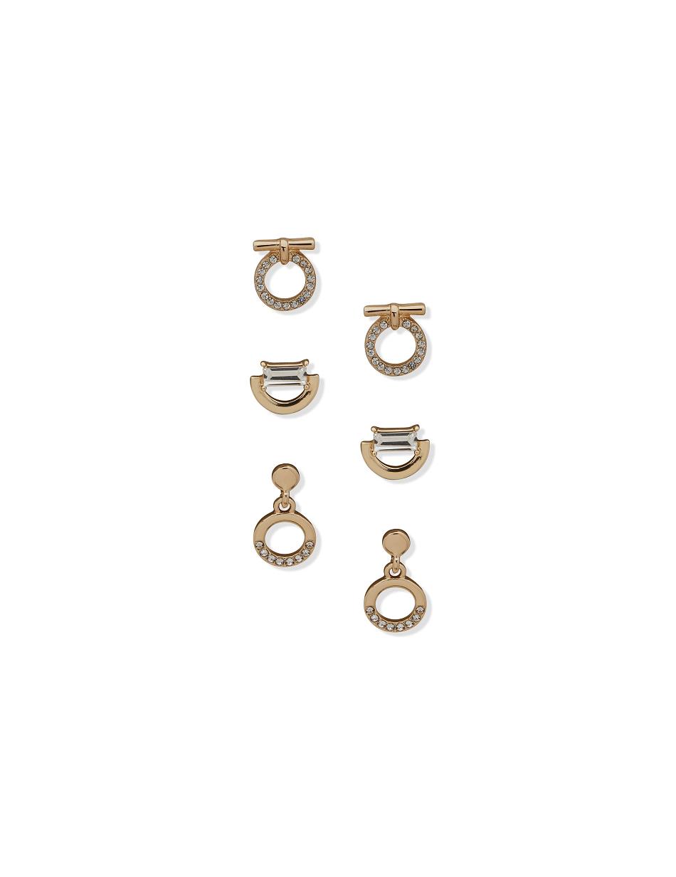 Anne Klein Stud Drop and Circle Pave Pierced Earring Trio in Gift Box Sieraden sets Goud | LNLTR74423