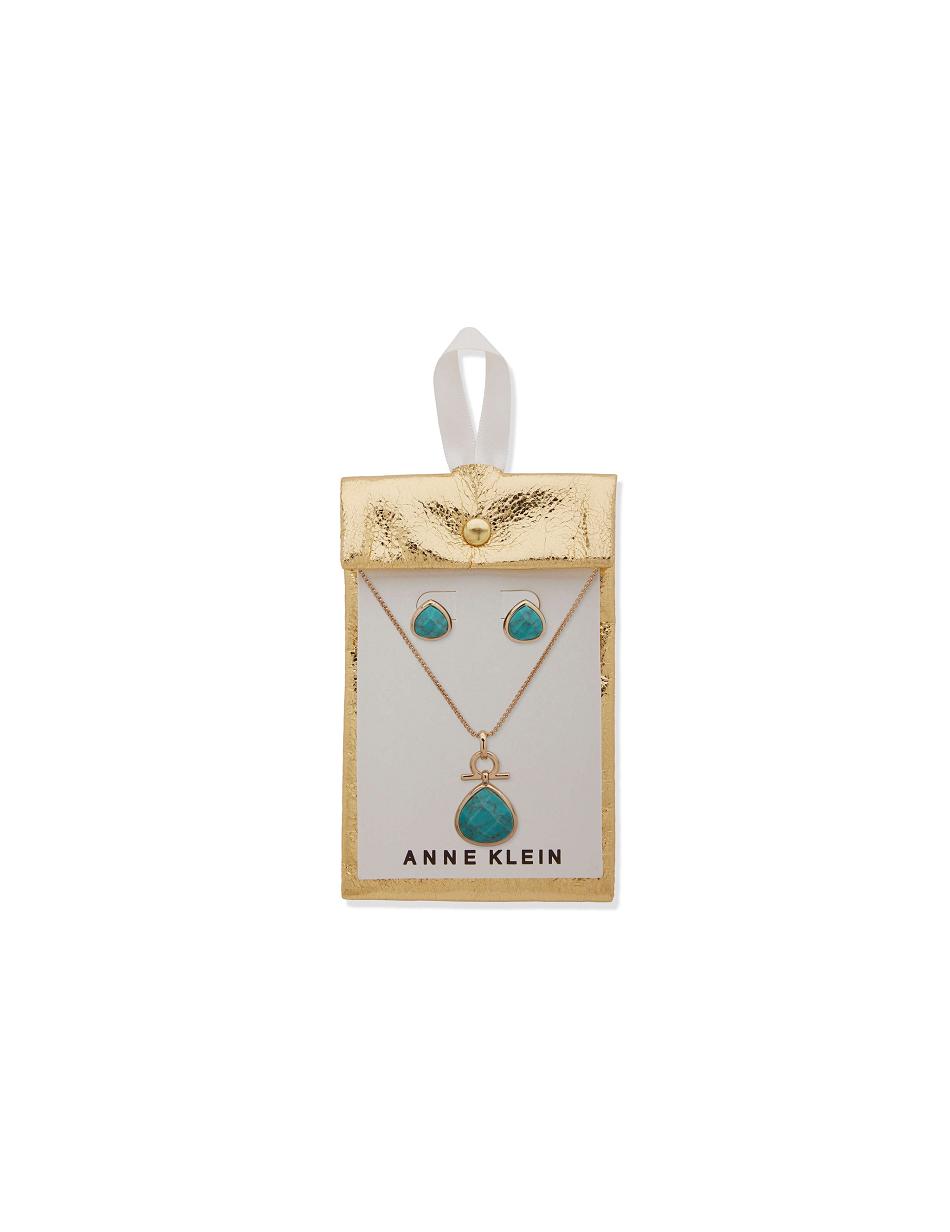 Anne Klein Tear Drop Pendant Necklace and Earring Set in Pouch Earring Goud Blauw | LNLTR58300