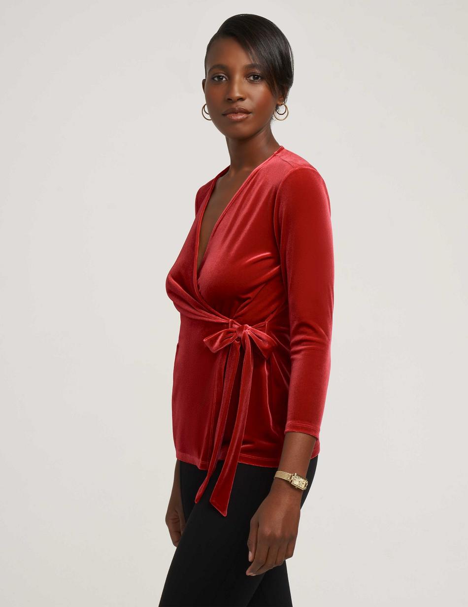 Anne Klein Velour Three-Quarter Sleeve Wrap Top- Clearance Topjes Rood | DNLVO20957