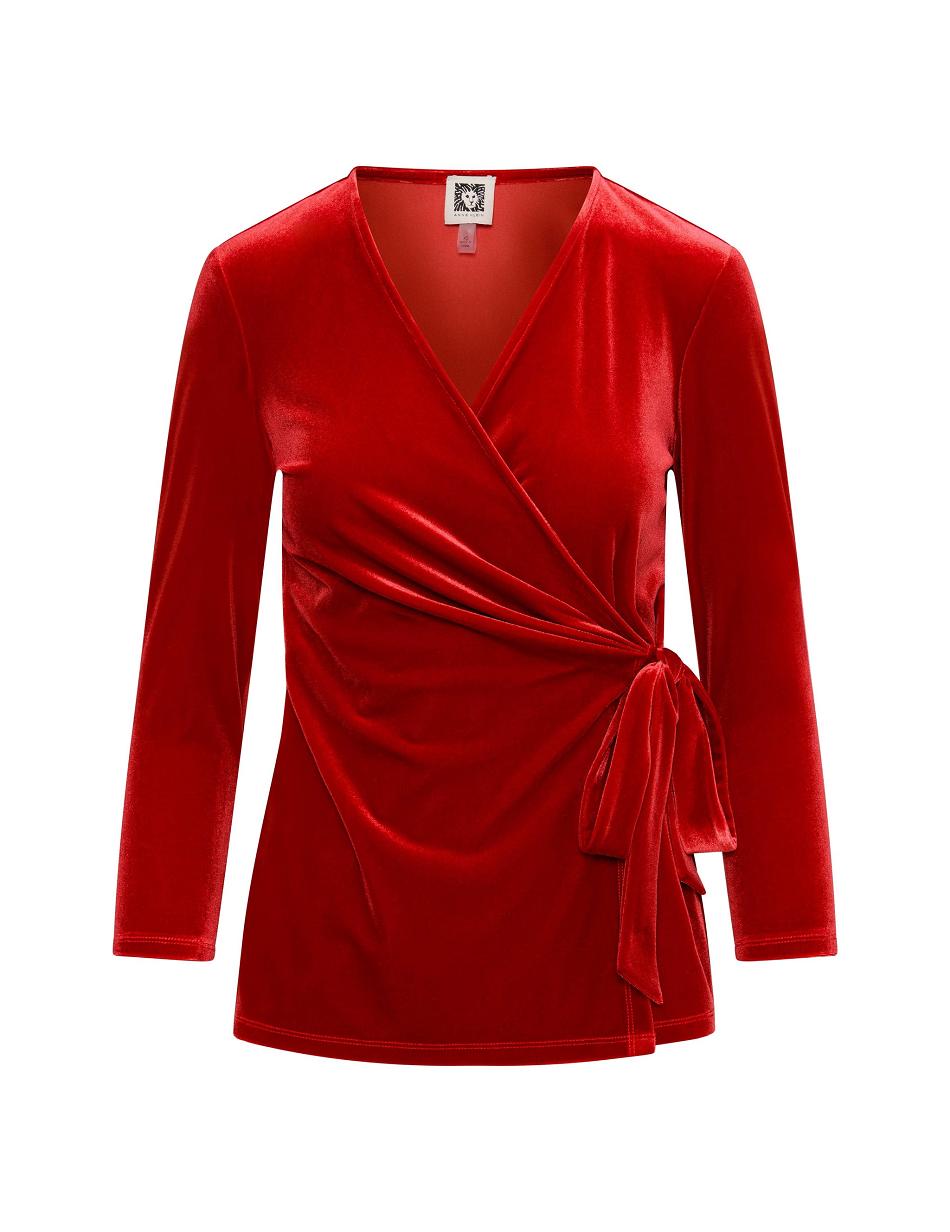 Anne Klein Velour Three-Quarter Sleeve Wrap Top- Clearance Topjes Rood | DNLVO20957