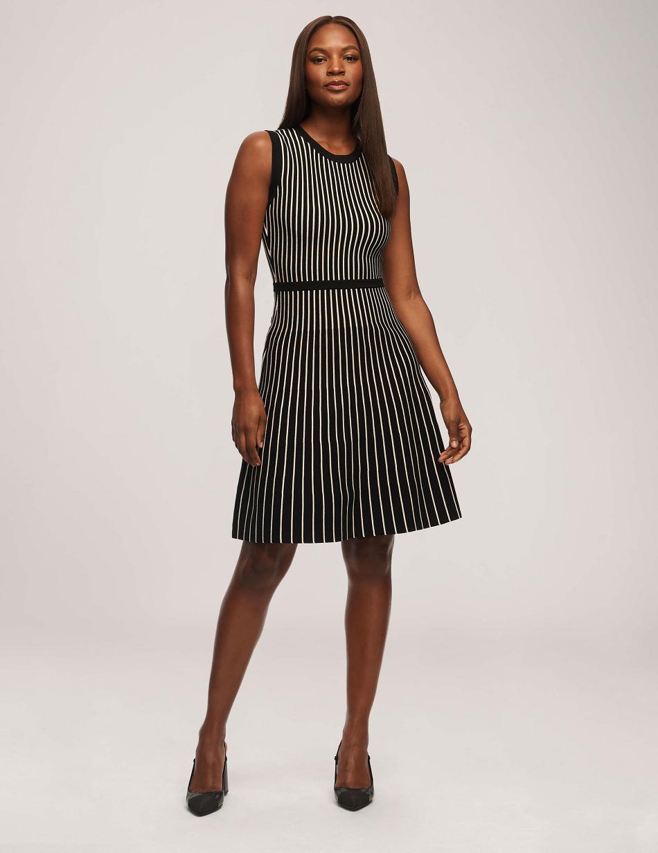 Anne Klein Vertical Stripe Fit And Flare Jurken Strepen Zwart Wit | MNLHR36453