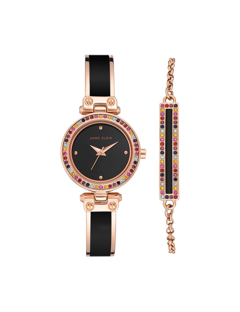 Anne Klein Watch and Bracelet with Premium Multicolored Crystals Sets Roze Goud Zwart | UNLND25956